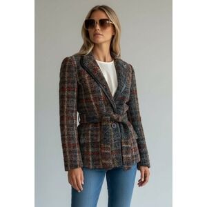 Cleo Petite Size 2P Tweed Plaid Blazer Jacket Leather Trim Belted Women